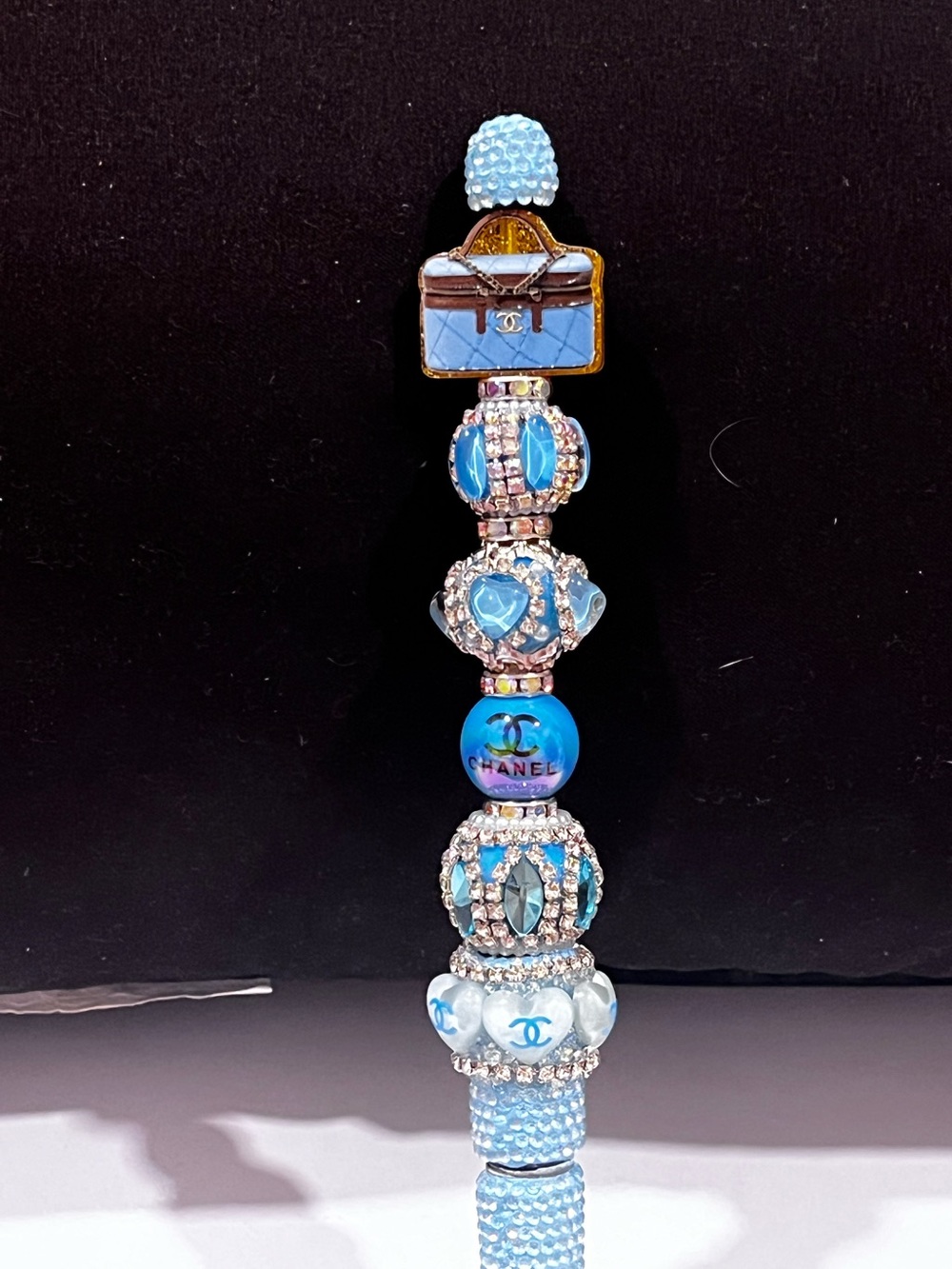 Designer-inspired custom designed blue purse focal fancy beaded pen